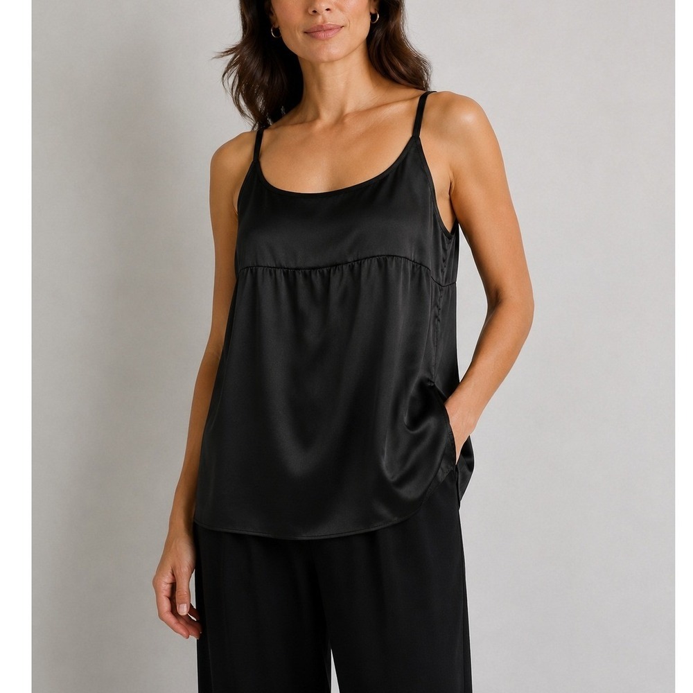 Eileen Fisher Silk Cami Size L Pockets Black Lagenlook Quiet Luxury Minimalist